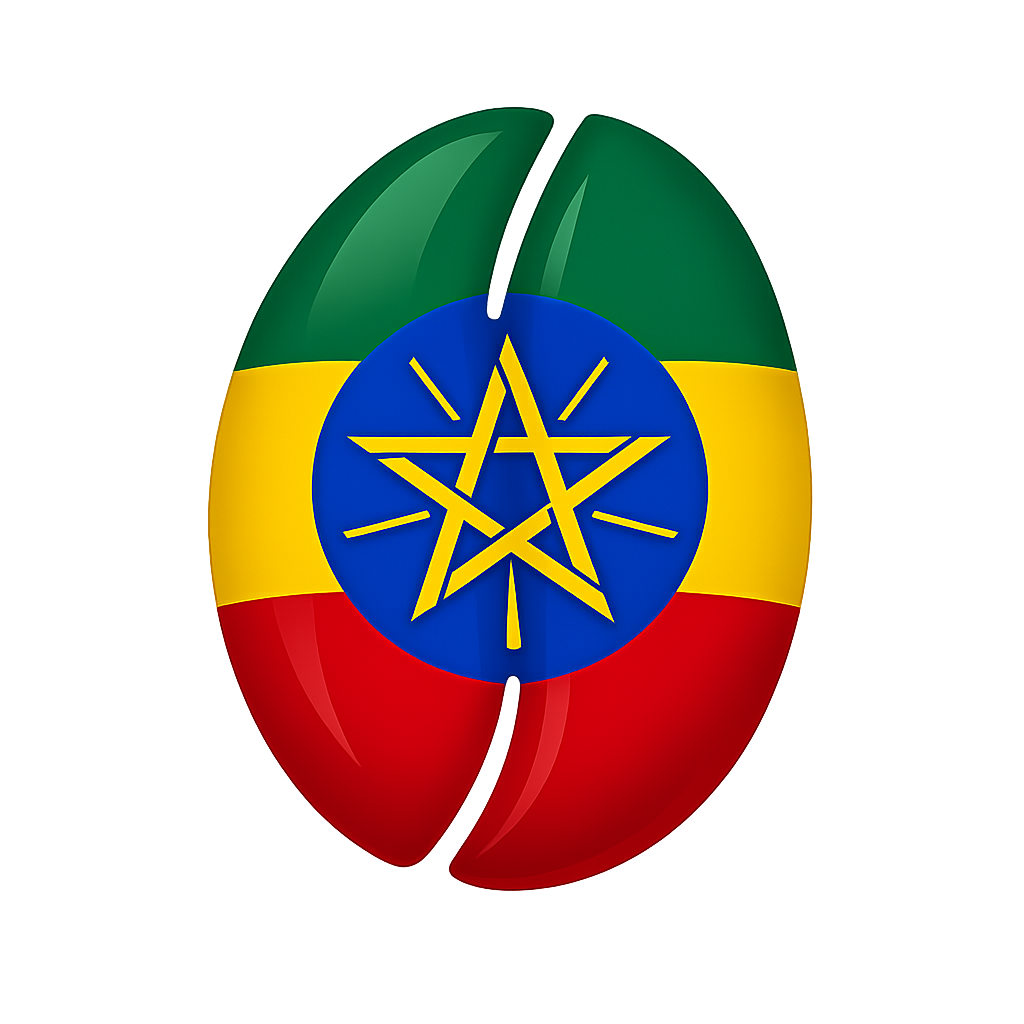 Coffee bean with Ethiopian flag colors and central star emblem